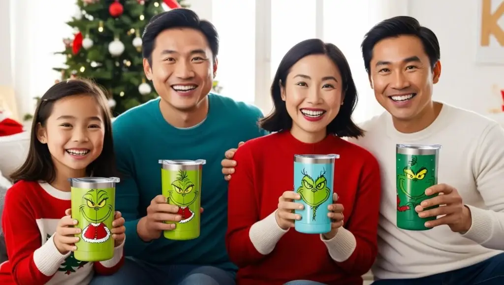 Asian Family Holding a Grinch Tumbler